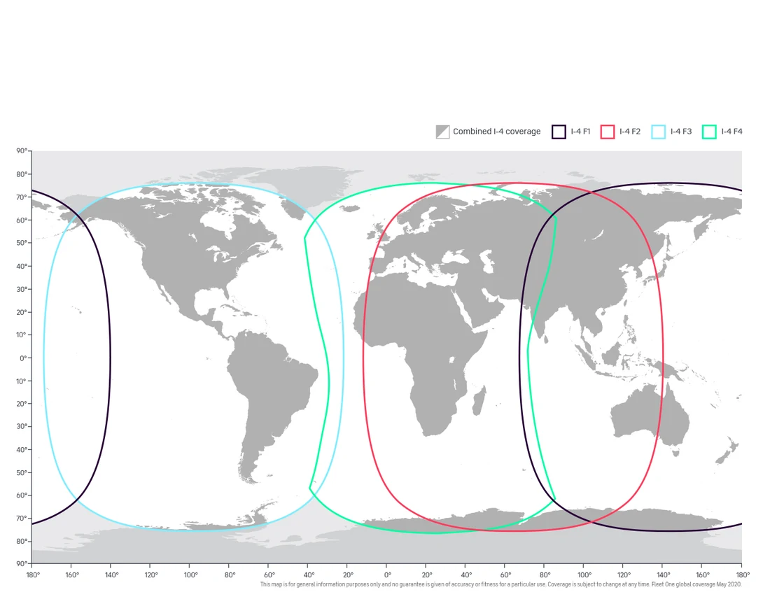 Fleet One Global 覆盖：四颗 I-4 卫星各自的覆盖圈