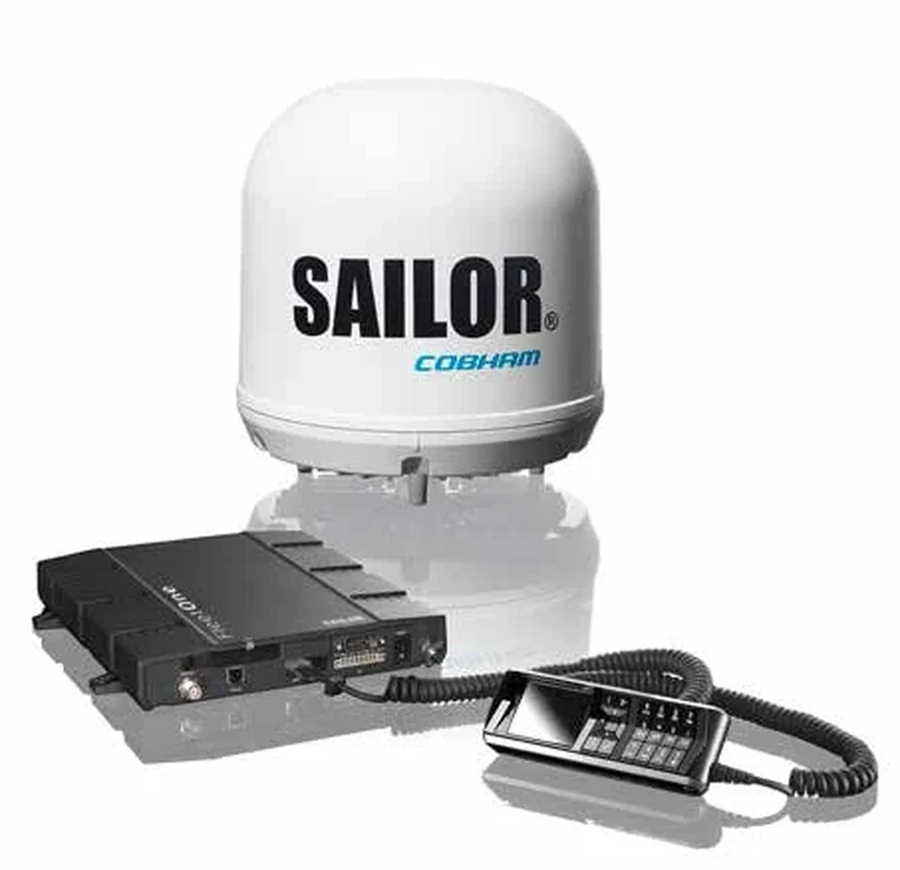 Cobham SAILOR Fleet One 系统组成：甲板天线、舱内终端与 IP 话机