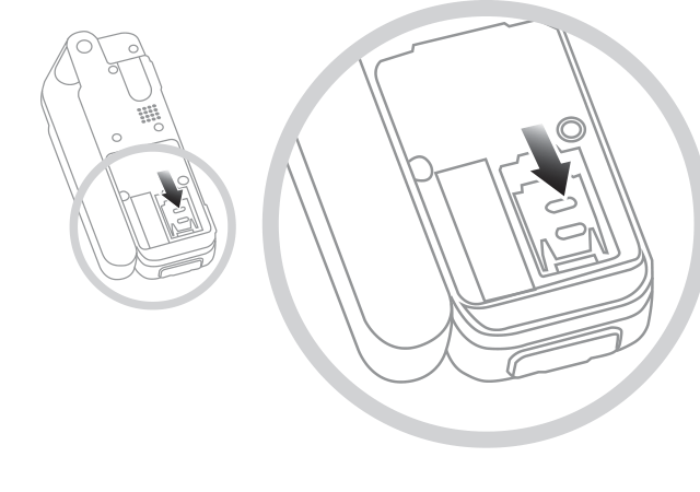 IsatPhone 2 SIM 卡座翻盖结构示意:卡扣沿卡座向下滑动后卡座向外翻开,SIM 卡缺角朝左滑入卡座,再翻回原位锁定
