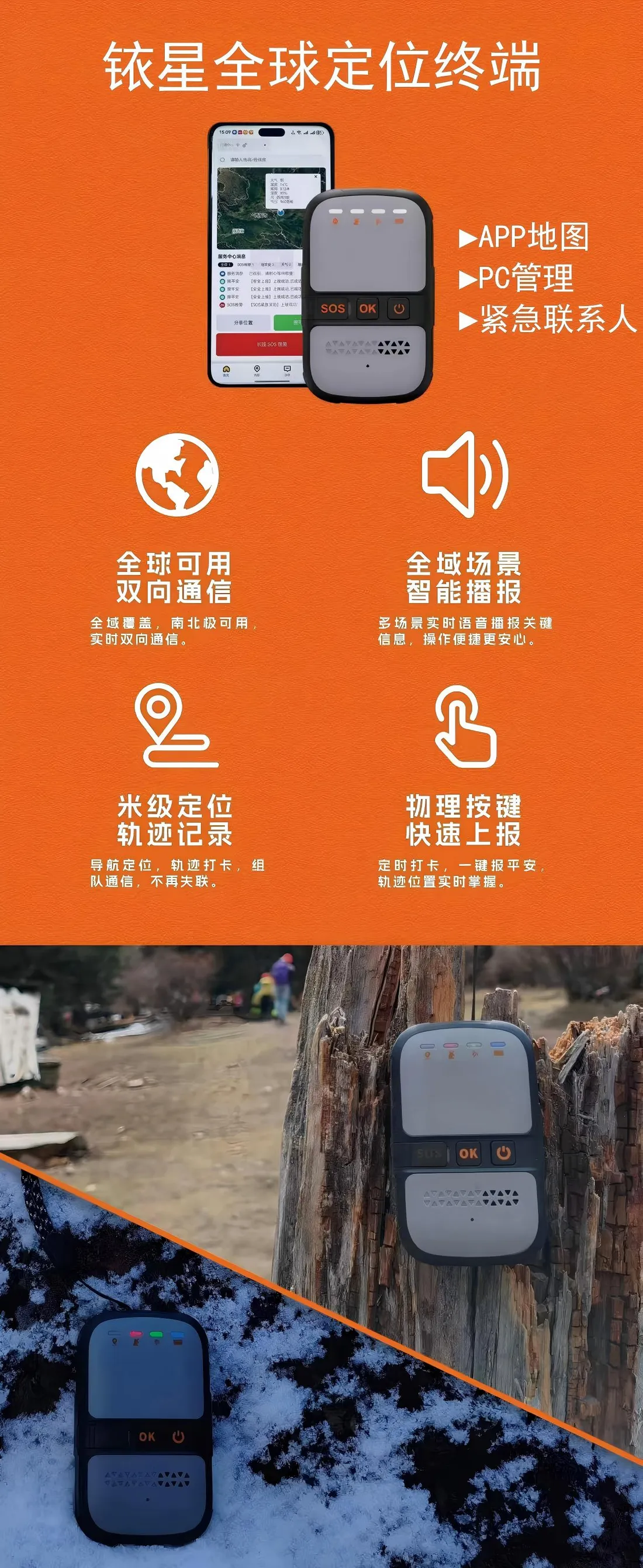 铱星全球定位终端行者 Mini 卖点海报:APP 地图、PC 管理、紧急联系人,全球可用双向通信、智能播报、米级定位、物理按键上报