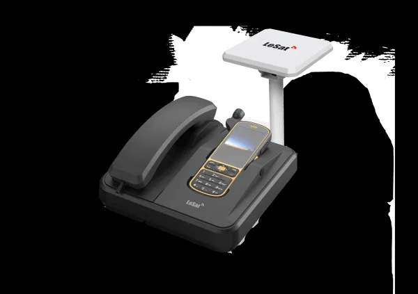 乐众 LeSat G3 天通固移两用座机官方产品图:底座带听筒,平板天线外引
